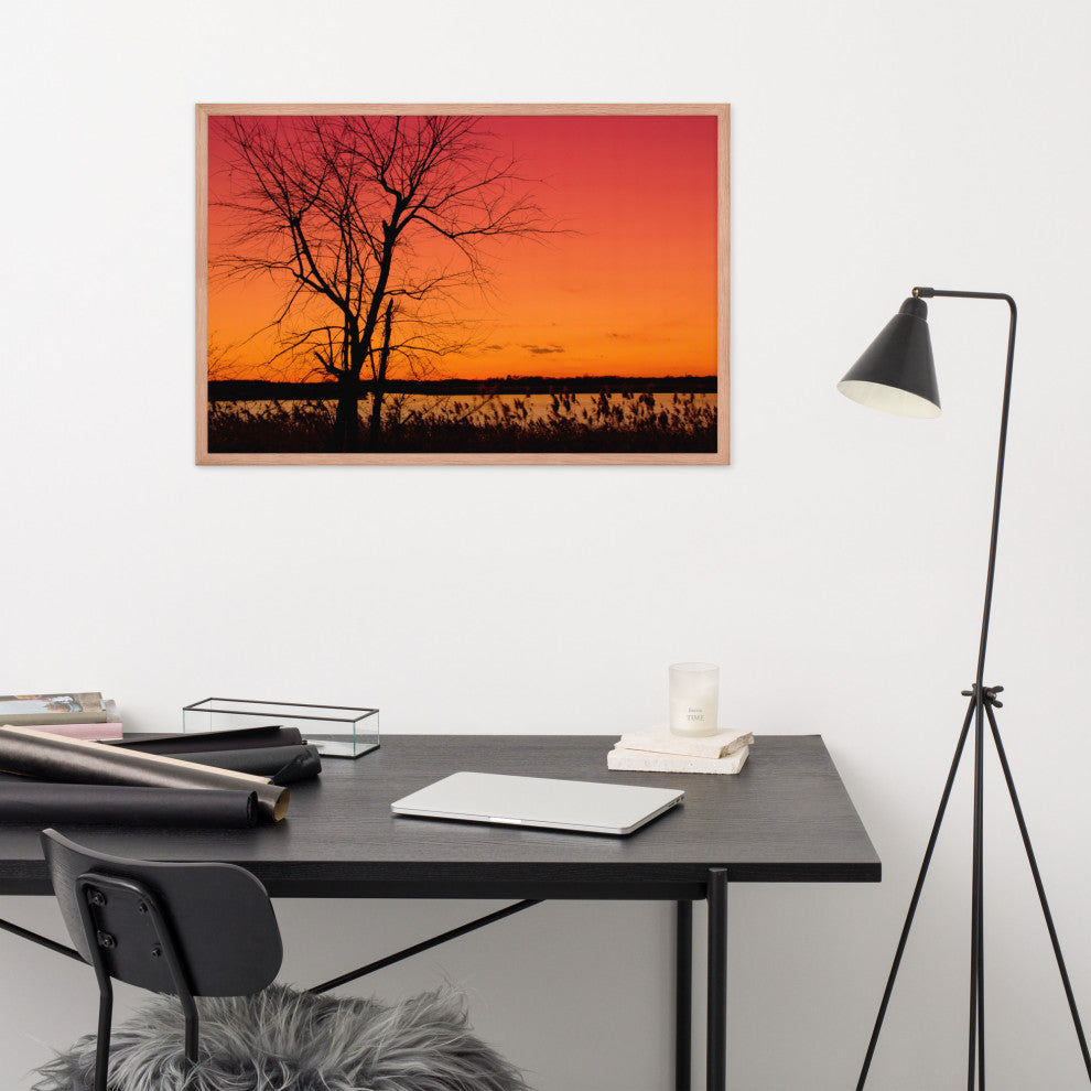 Burning Skies Rural Landscape Framed Photo Paper Wall Art Print, Red Oak, 24" X 36"