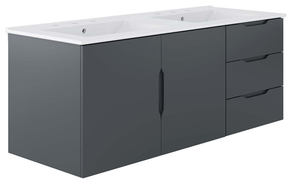 Double Sink Vanity Cabinet, White Gray, Ceramic, Modern, Hotel Bathroom