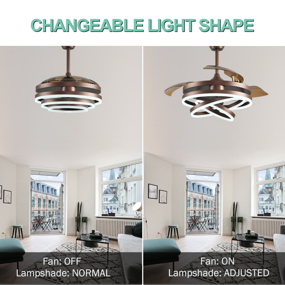 Oaks Aura 42" DIY Shape Retractable Ceiling Fan with Lights and Remote Control, Brown