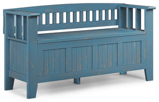 Acadian Solid Wood Entryway Storage Bench, Distressed Coastal Blue
