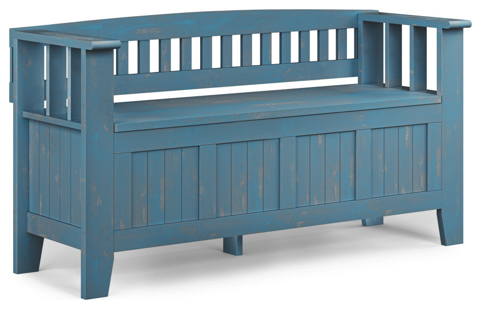 Acadian Solid Wood Entryway Storage Bench, Distressed Coastal Blue