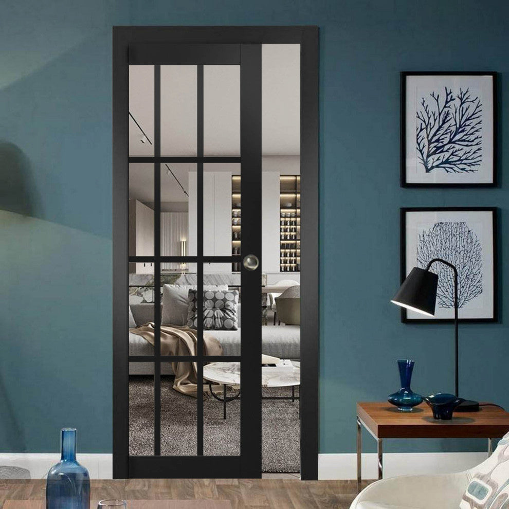 Sliding Pocket Door 36 x 84, Felicia 3355 Black & Clear Glass, Rails