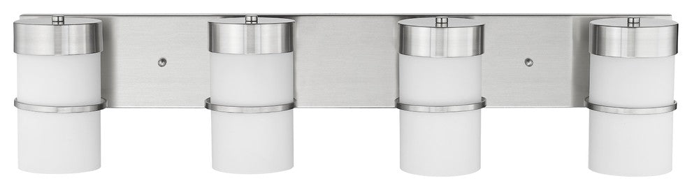PENELOPE Contemporary 4 Light Brushed Nickel Bath Vanity Light Etched White Glas