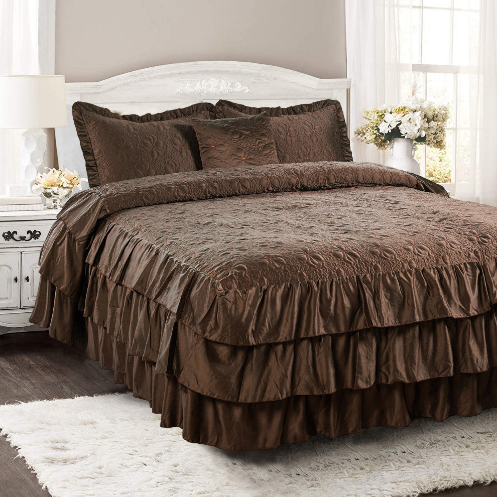 Matte Satin Ruffle 4 Piece Bed Spread Set, Chocolate, Queen