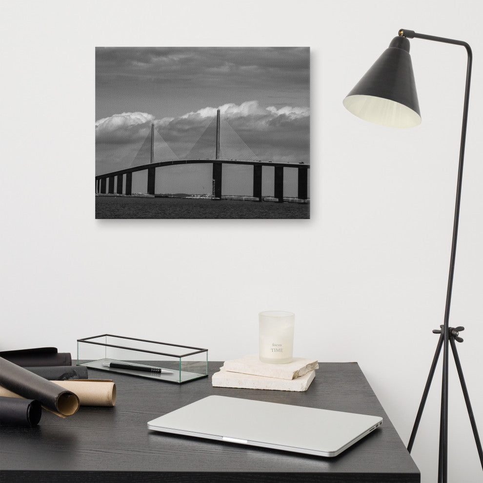 Skyway Bridge Black & White Landscape Photo Canvas Wall Art Print, 16" X 20"