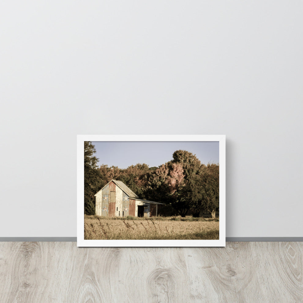 Patriotic Barn in Field Aged Effect Framed Photo Paper Wall Art Prints, White, 12" X 16"