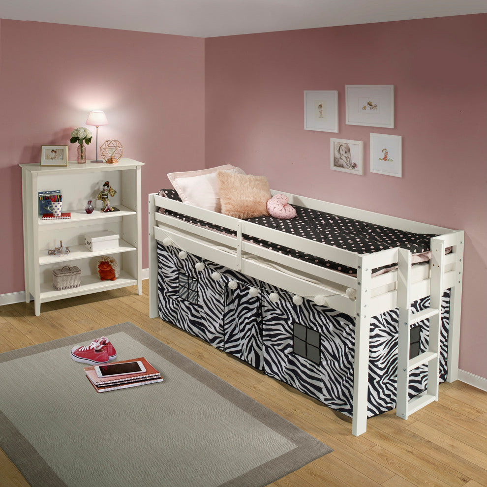Jasper Twin Junior Loft Bed, White Frame, Zebra Bottom Playhouse Tent