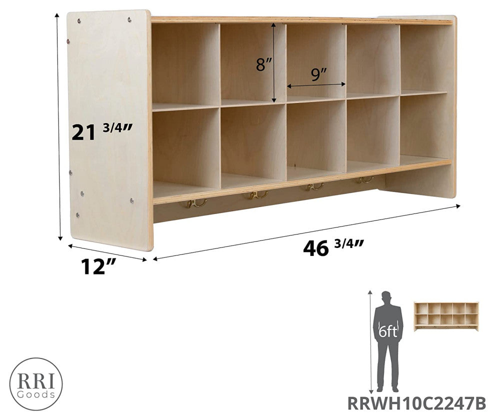 10 Section Wood Cubbies Storage, Red Bins, Wall Hanging Organizers