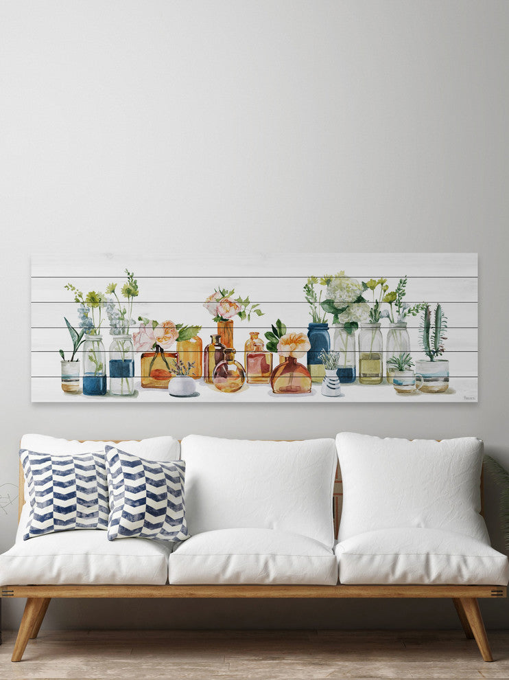 "Lined up Bottles II" Painting Print on White Wood, 60"x20"