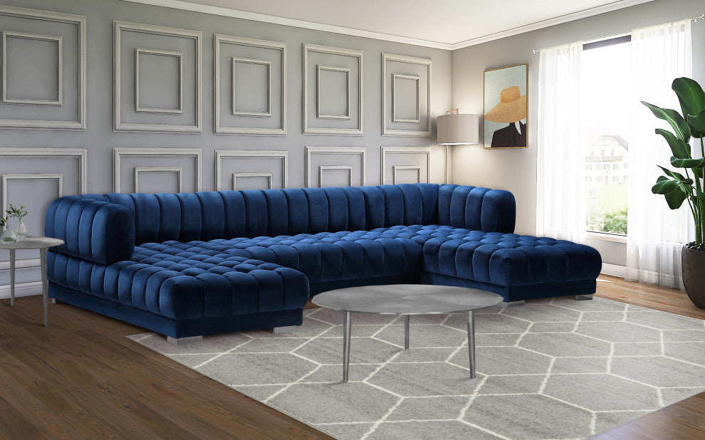 Gwen Biscuit Tufted Velvet Upholstered 3 Piece Sectional, Navy