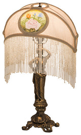 20H Reverse Painted Roses Fabric with Fringe Table Lamp