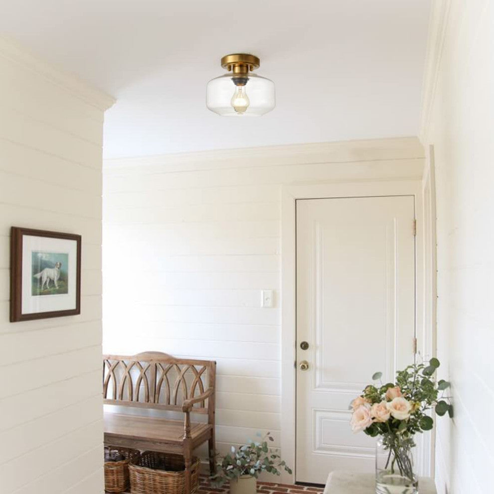 Modern Semi Flush Lighting Fixture Glass Ceiling Lamp, Brass Finish