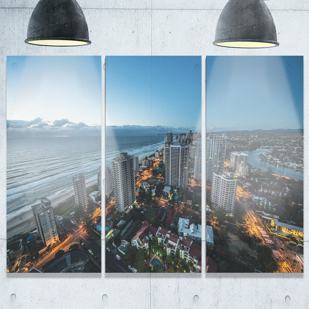 "Brisbane Skyscrapers and Sea Aerial View" Metal Wall Art, 3 Panels, 36"x28"
