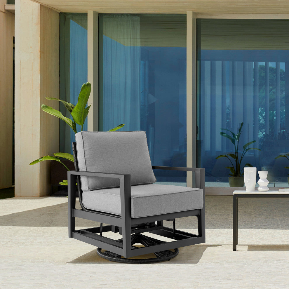 Grand Black Aluminum Outdoor Swivel Glider Chair With Dark Gray Cushions