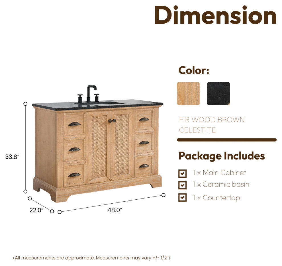 Hervas Bath Vanity, Fir Wood Brown, 48in., Celestite Marble Top, No Mirror