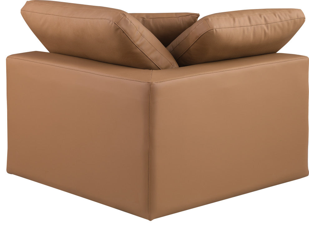 Comfy Beige Linen Textured Fabric Modular Chair, Cognac, Vegan Leather, Corner Chair