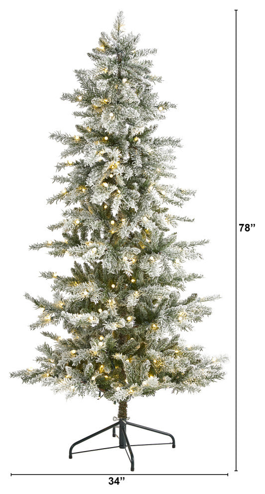 6.5' Slim Flocked Nova Scotia Spruce Faux Xmas Tree W/Lights & Bendable Branches