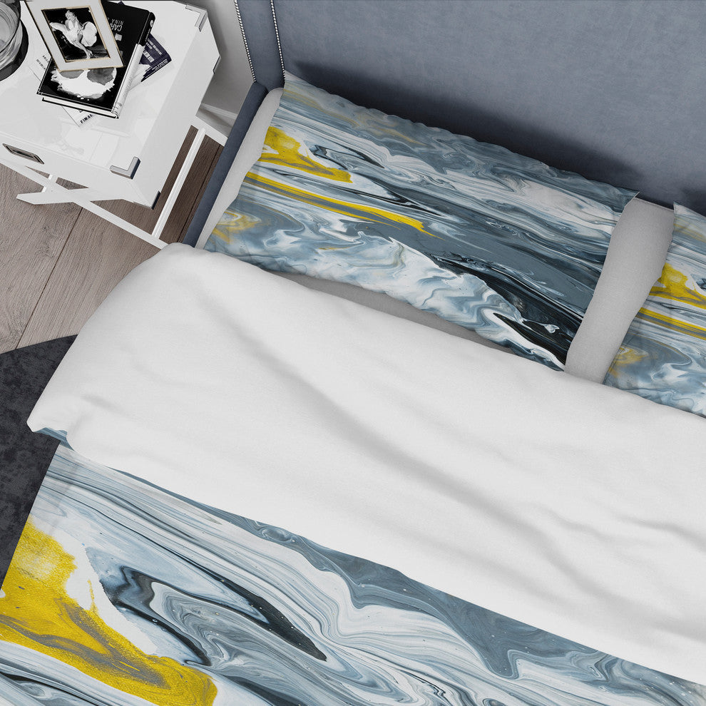 Yellow Gray and White Marble Mid-Century Bedding, Queen