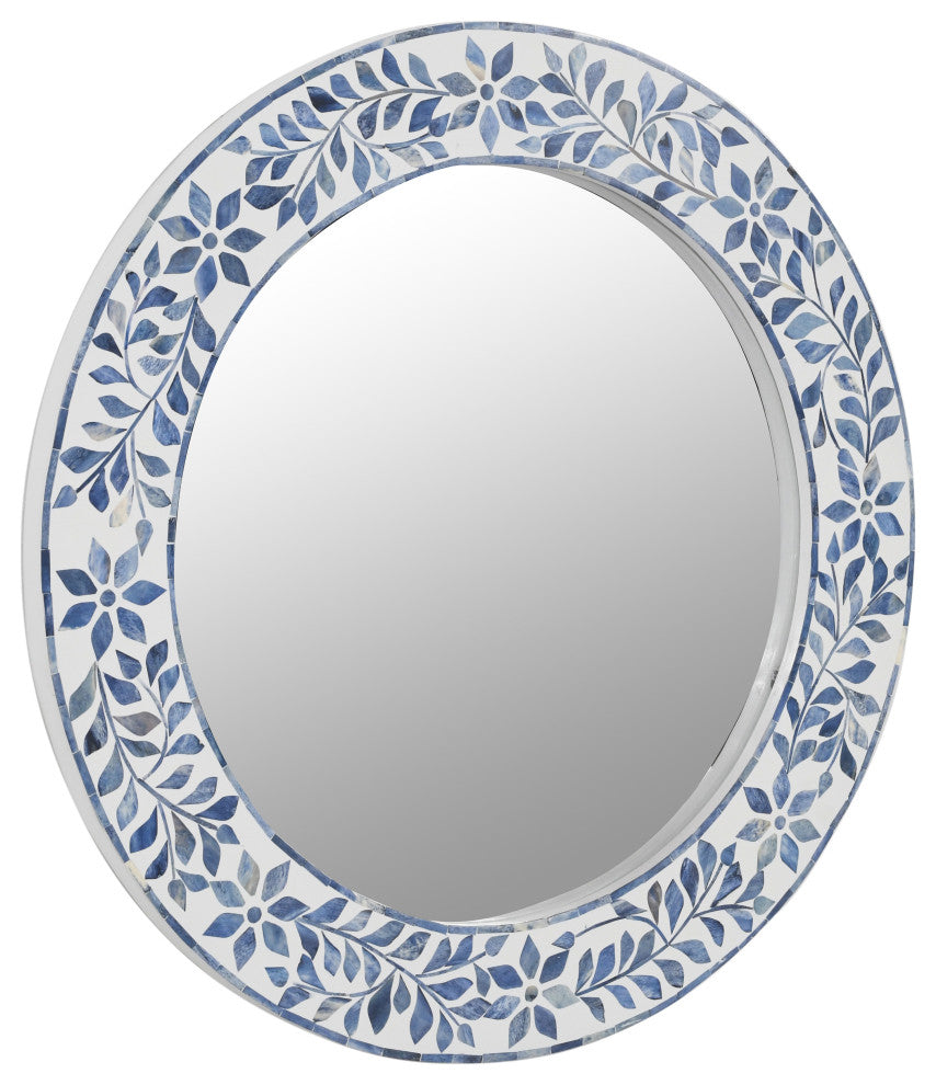Blue Leaf Bone Inlay Round Mirror, 26"