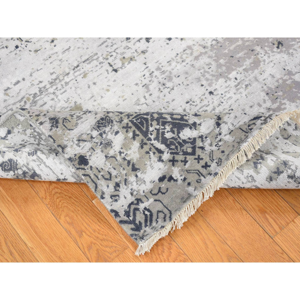 Gray, Broken and Erased Design, Art Wool and Silk Hand Knotted Rug, 8'x9'10"