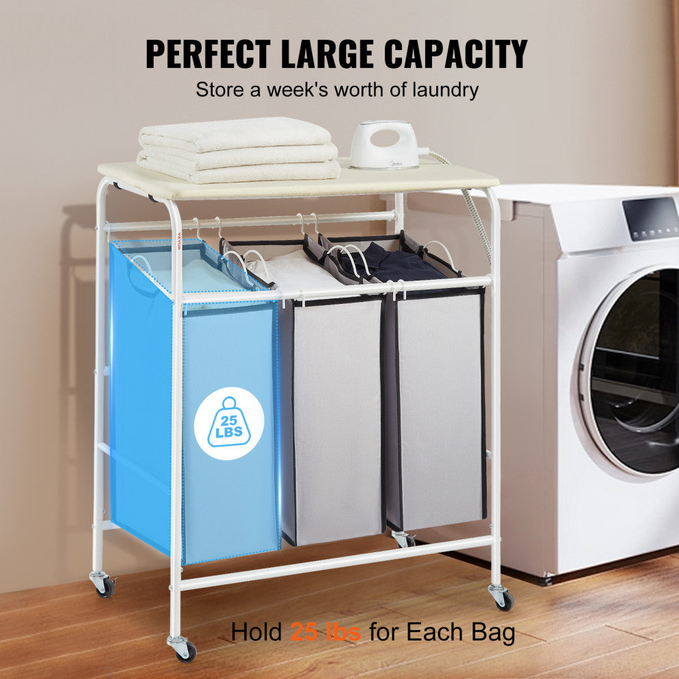 VEVOR 3-Section Laundry Sorter Cart Rolling With Ironing Board & Removable Bags