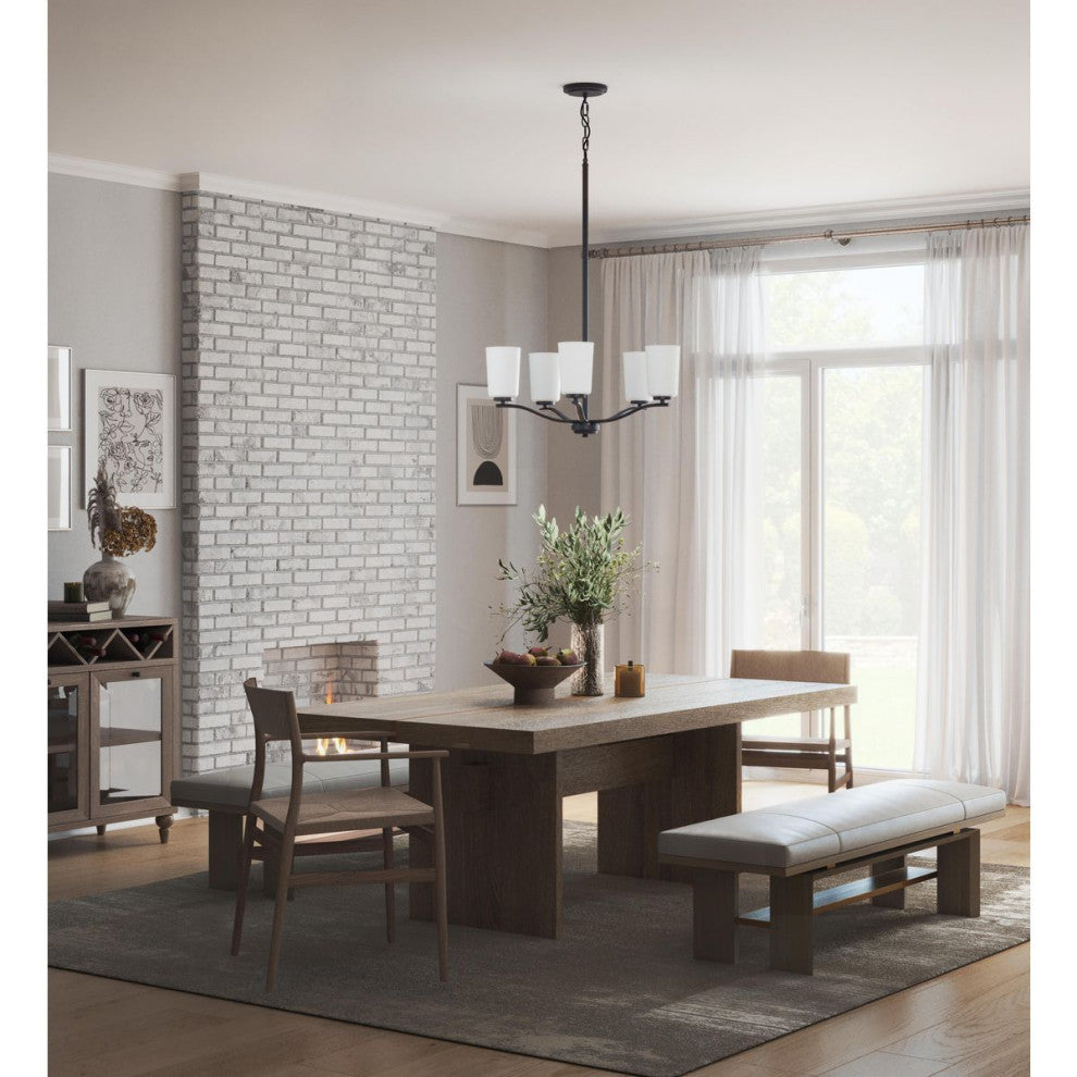 Adley Collection Five-Light Matte Black Etched White Opal Glass Chandelier