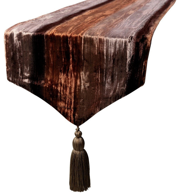 Table Runner Brown Velvet 14"x48", Ombre, Crushed Velvet Tassles, Ombre Brown