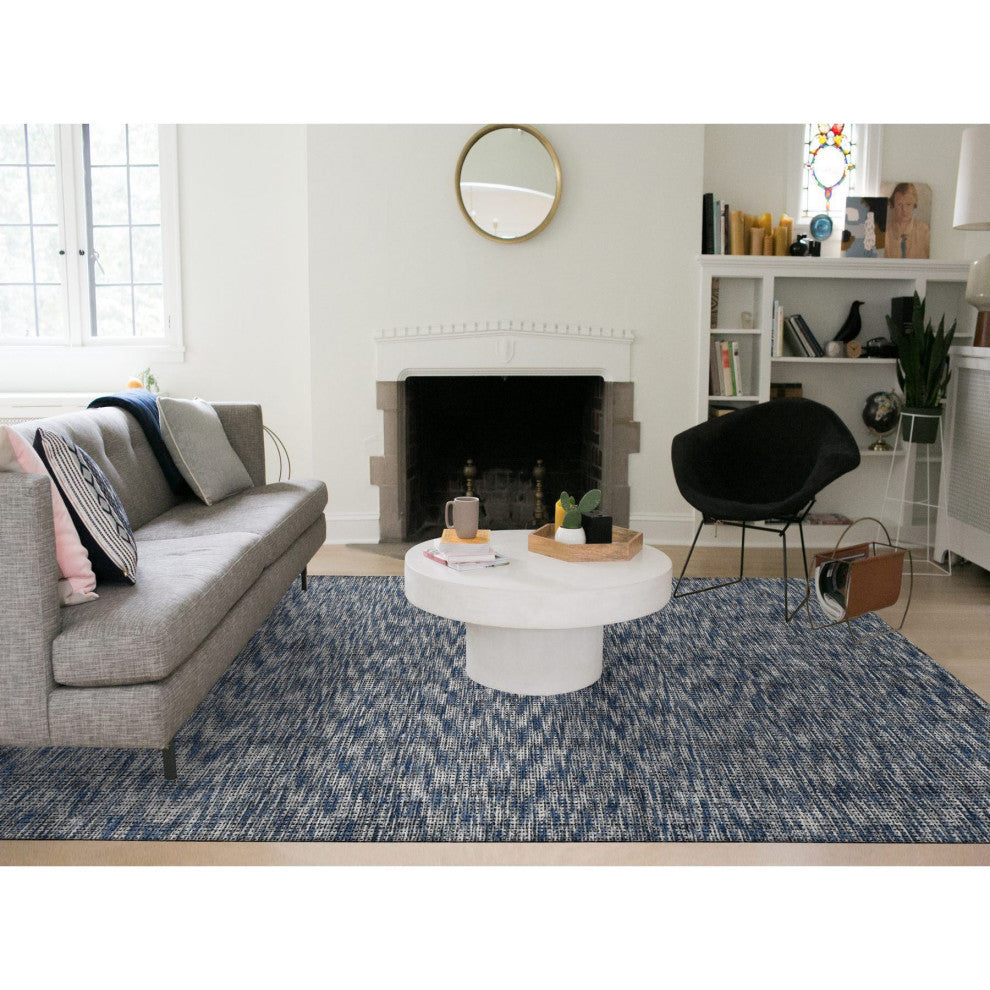 Steel Blue Modern Fence Design Wool and Art Silk Hand Loomed Rug 9'2"x12'
