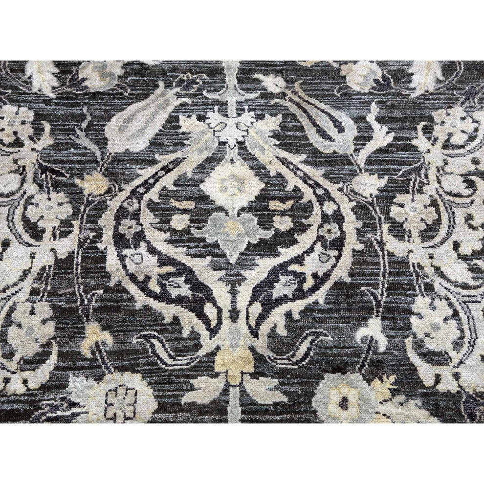 Gray/Blue Tulip and Large Blossom Textured Wool Hand Knotted Rug, 8'2"x10'0"