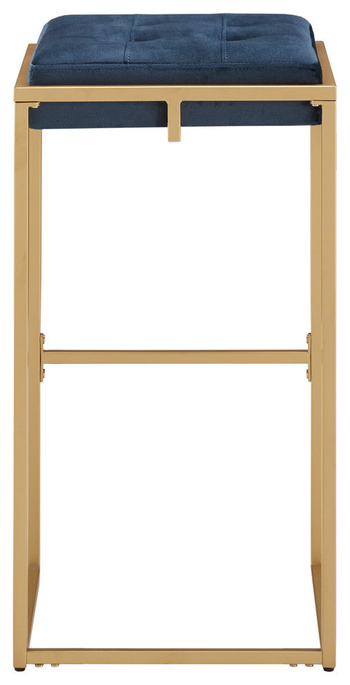 Jasper Gold Finish Velvet Button Tufted Stools, Set of 2, Blue, Bar Height