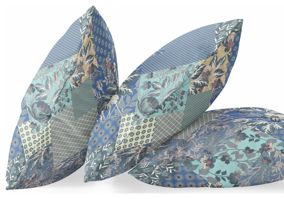 20" Blue Gray Floral Zippered Suede Throw Pillow