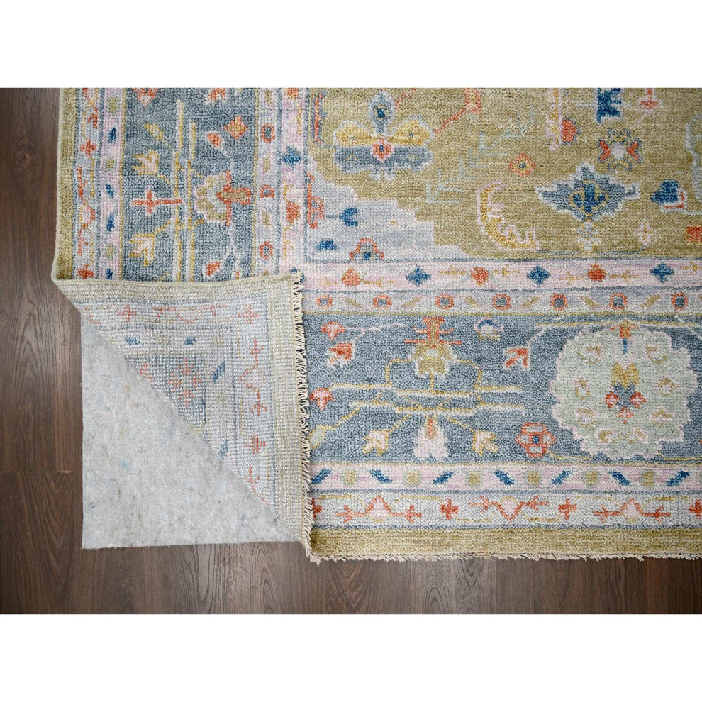 Moss Green Hand Knotted Oushak Supple Organic Wool Oversized Rug 11'11"x14'10"