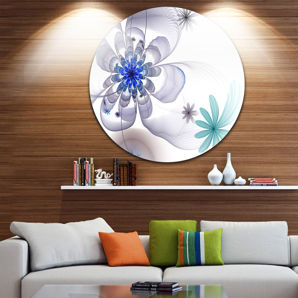 Blue And Grey Symmetrical Fractal Flower, Floral Round Wall Art, 11"