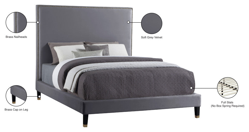 Harlie Velvet Upholstered Bed, Gray, Queen