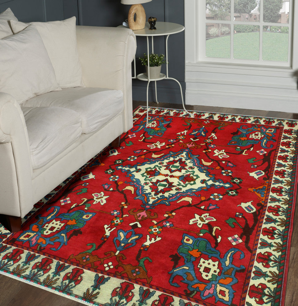 Fine Vintage Distressed Claud Red/Ivory Rug, 4'9 x 6'8