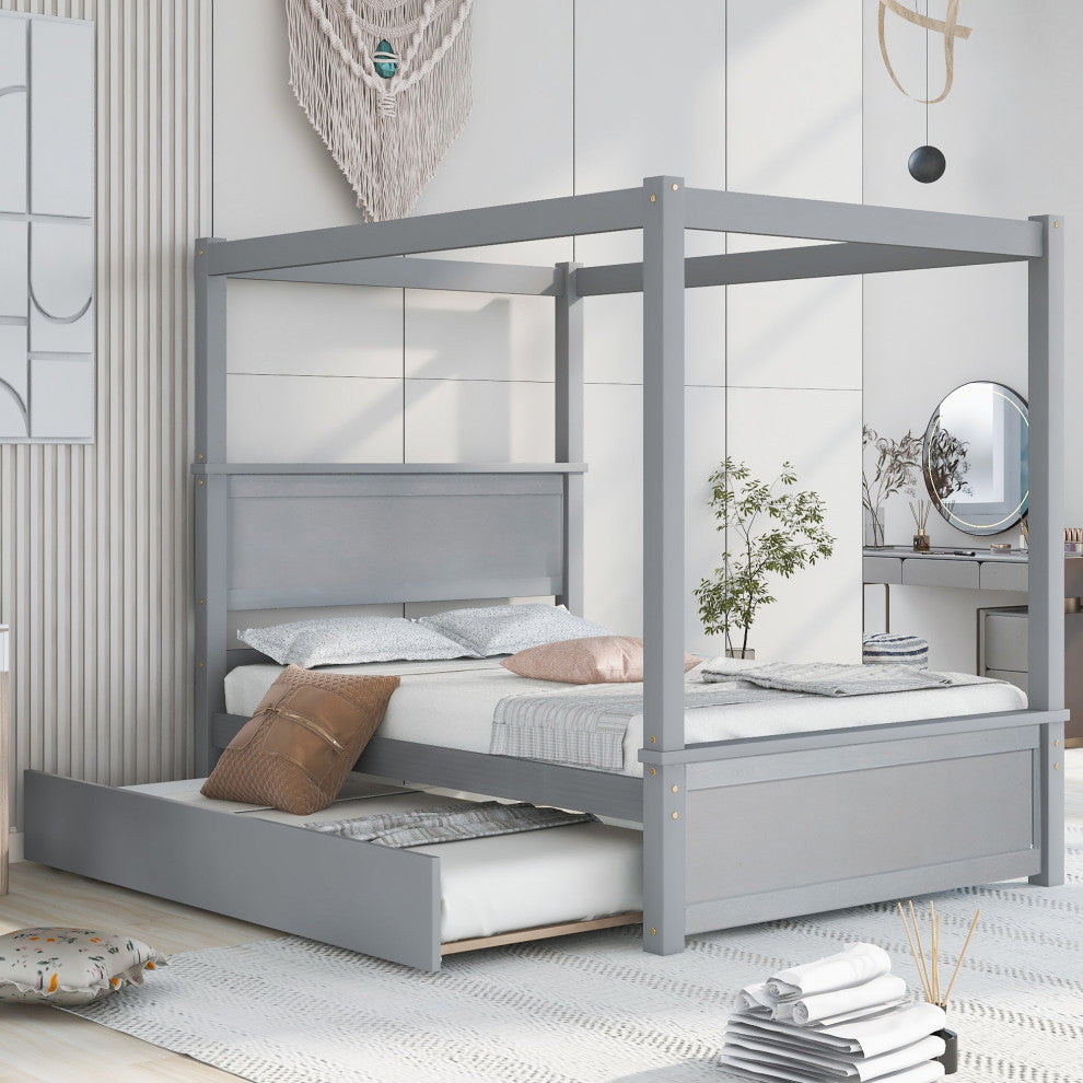 Full Wood Frame Canopy Platform bed with Trundle Bed, Grey, Full