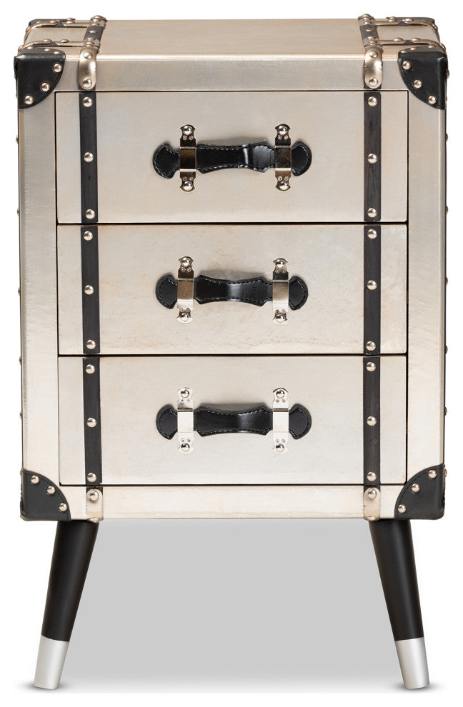 Silven Antique Silver Metal Trunk Inspired 3-Drawer Nightstand