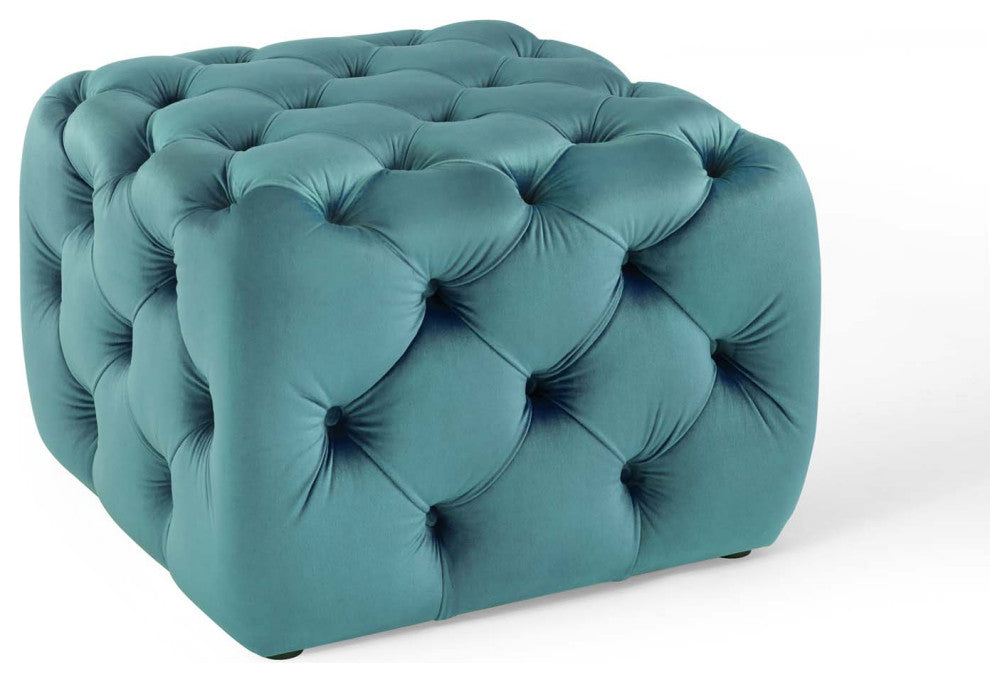 Sea Blue Anthem Tufted Button Square Performance Velvet Ottoman