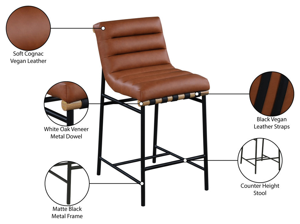 Burke Counter Stool, Cognac, Vegan Leather, White Oak Veneer Metal Dowel