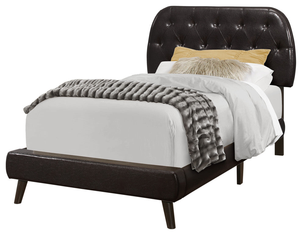 Bed, Twin Size, Platform, Teen, Frame, Pu Leather Look, Wood Legs, Brown