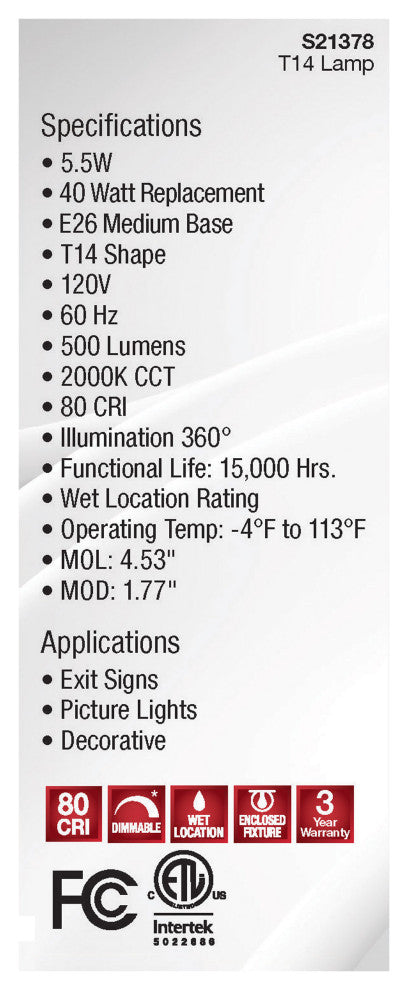 5.5W T14 LED, Clear, Medium Base, 2000K, 500 Lumens, 120V