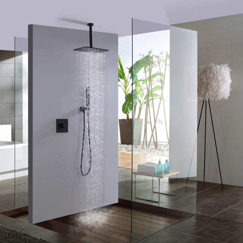 Ceiling Mounted Rain Shower System with Hand Shower-Includes Rough-in Valve, Matte Black