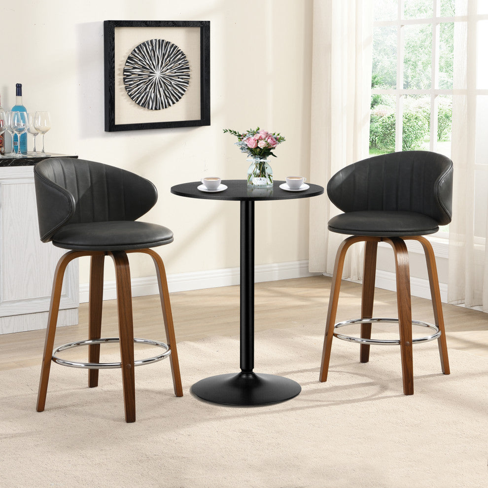 Swivel Counter Stool, Wood Bar stools, Pu Leather, Set of 2, Mid-Century Modern, Gray, 26''