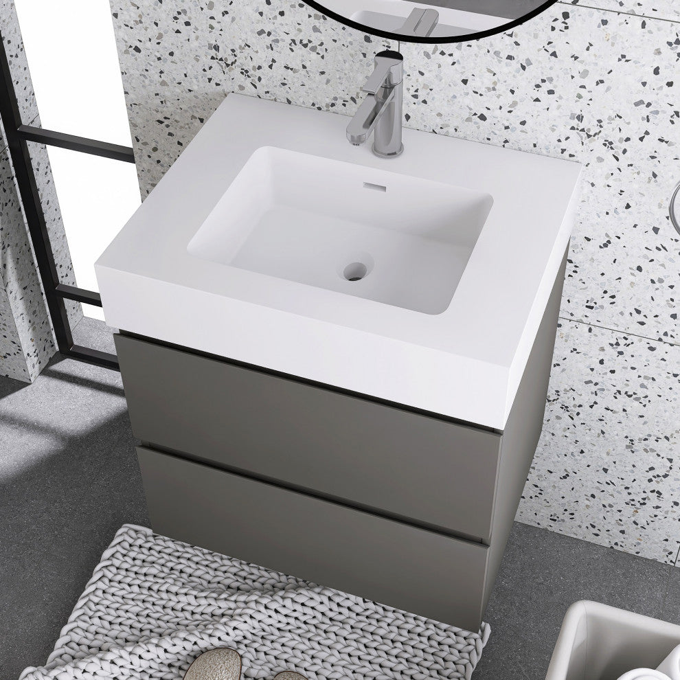 Wood Wall-Mounted Bathroom Vanity Set with Integrated Resin Sink, Grey, 24"