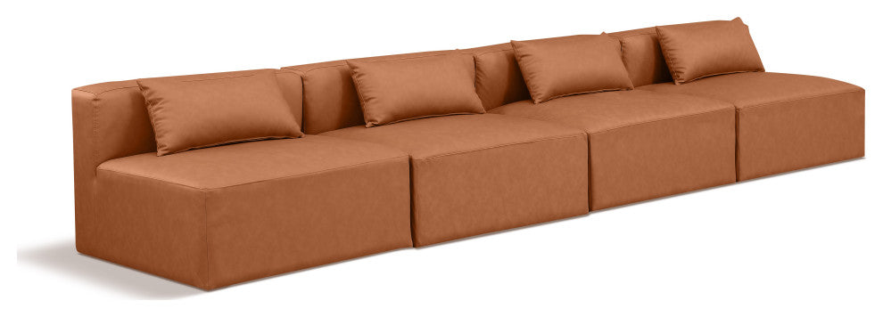 Cube Upholstered Modular Sofa, Cognac, 4-Piece: 4 Armless Chair, Vegan Leather