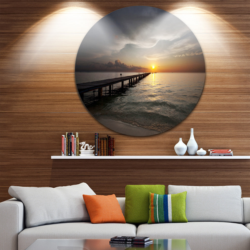 Long Boardwalk Into The Sunset Sea, Sea Bridge Round Wall Art, 36"
