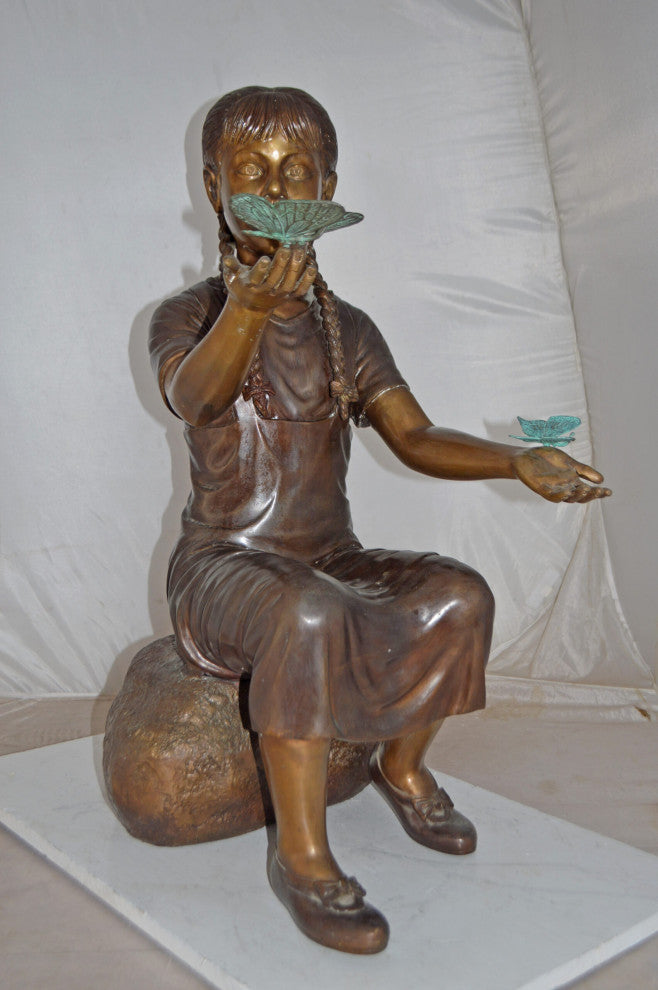 Girl Sitting on A Rock Holding Butterflies Bronze Statue - Size: 26"x17"x34"H