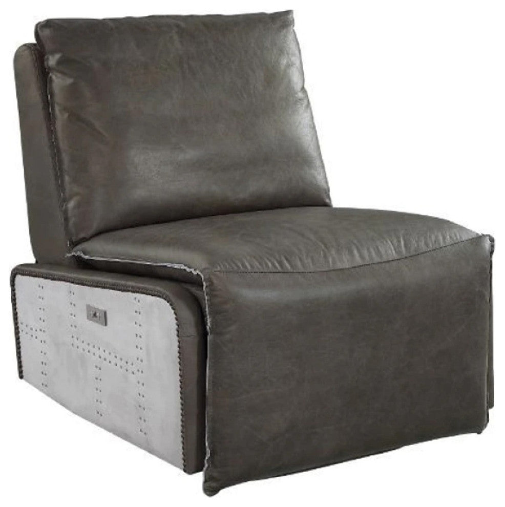 Benzara BM269202 Power Recliner With Leather Upholstery and Padded Seating, Gray