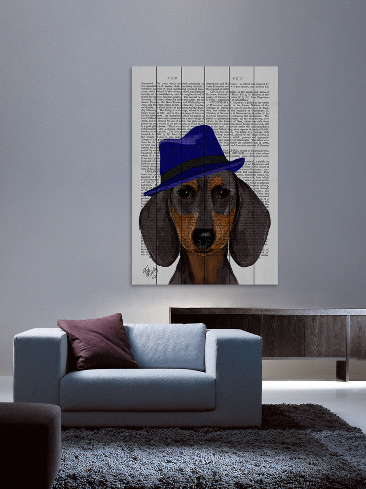 "Dachshund with Blue Trilby" Painting Print on White Wood, 12"x18"