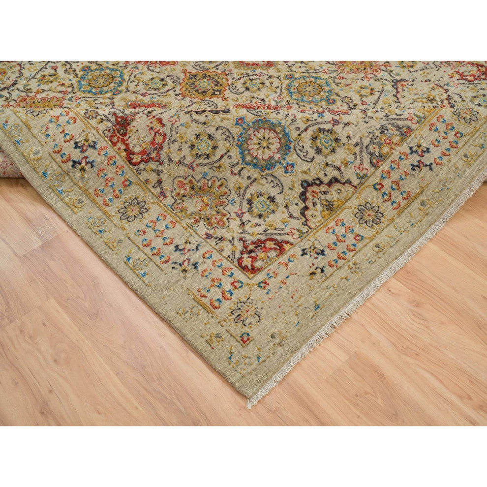 Beige, THE SUNSET ROSETTES, Hand Knotted Wool And Pure Silk, Rug, 8'2"x10'2"